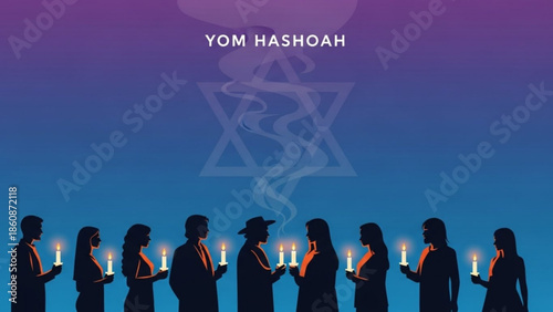 People holding lit candles in a line with a star of david and purple blue background for yom hashoah