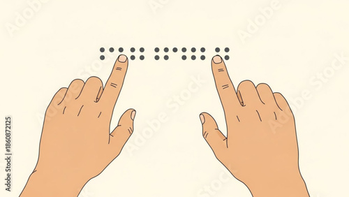 Two hands reading braille text with fingers tracing raised dots on a white background for accessibility and communication