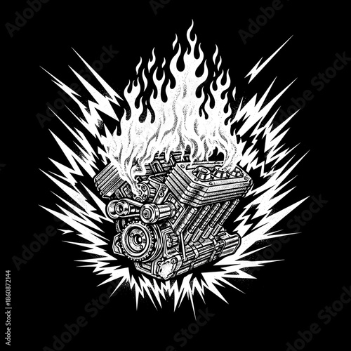 Burning V8 Engine with Flames and Explosions.