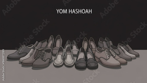 A row of various gray and beige dress shoes and loafers on a gray surface against a dark background, symbolizing remembrance and memorial