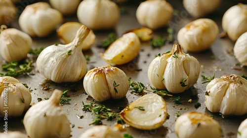 garlic antioxidant taste concept. Roasted garlic bulbs and lemon slices arranged on a baking tray, garnished with herbs, showcasing a flavorful cooking concept.