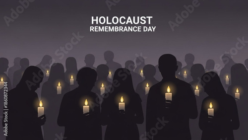 Holocaust remembrance day, people holding lit candles in darkness, somber mood, silhouettes, memorial service, candlelight, mourning, grief, remembrance, holocaust
