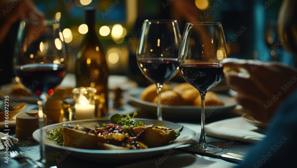 Obraz premium Dining table with delicious dishes and wine glasses, people enjoying their meal at the restaurant, close-up of food on plates. High-resolution photography