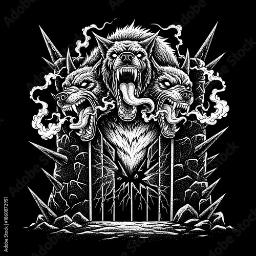 Three headed hellhound guarding a dark gate.