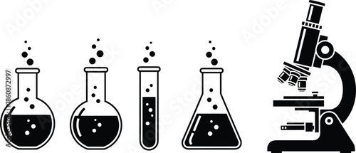 Black and white laboratory equipment icons set with microscope, test tube, boiling erlenmeyer and round bottom flasks for science research.