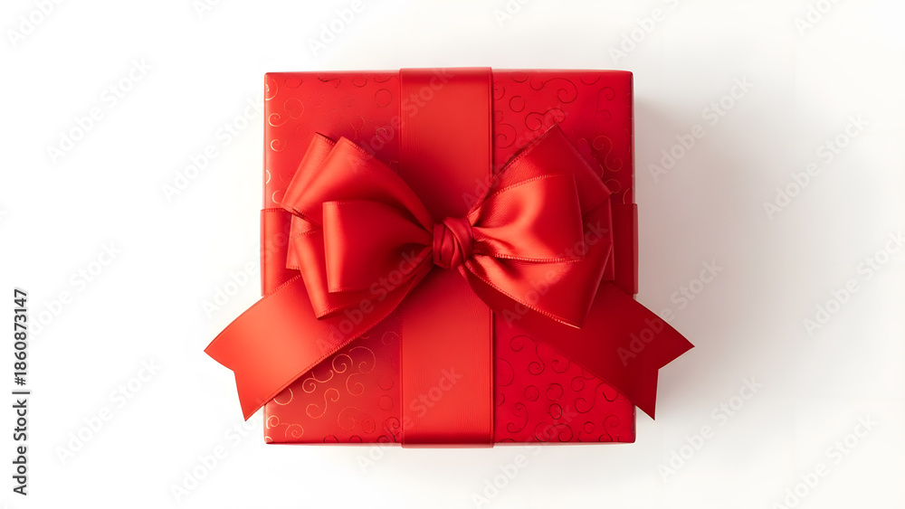 Obraz premium Top view of a red square gift box with a large ribbon bow on a white background