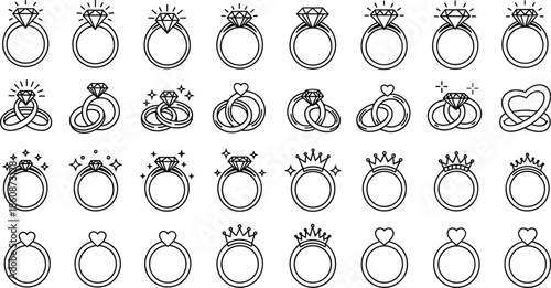 Set of diamond engagement ring icons, wedding jewelry symbols, heart shapes, and crown rings for marriage and jewelry store design.