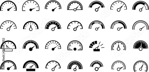 Set of speedometer icons, gauge dial symbols, dashboard performance indicators, car speed meters, level measurement tools, and vector automotive UI elements.