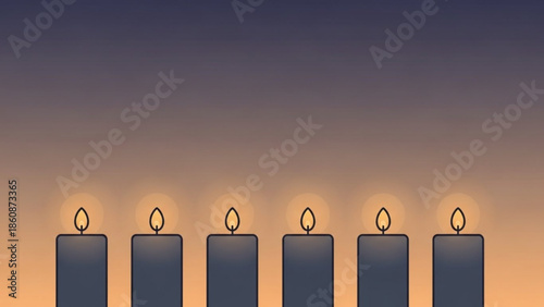 Five lit candles in a row on a gradient background from dark blue to orange
