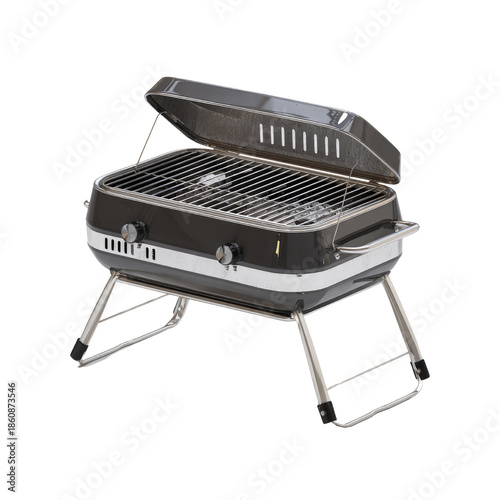 Portable charcoal grill with open lid and chrome legs on black background