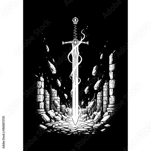 Mystical glowing sword with ancient runes and swirling energy.