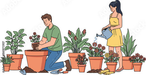 Couple gardening together with potted plants, watering flowers, planting soil, outdoor lifestyle, green environment, nature care, eco friendly activity, healthy hobby