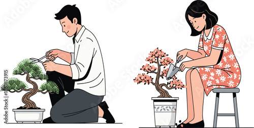 Couple gardening bonsai trees illustration, plant care process, trimming and watering activity, indoor gardening lifestyle, nature hobby, relaxation, creative plant design