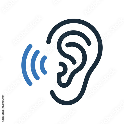 Listening and Hearing Concept Icon with Human Ear Symbol and Blue Sound Waves for Communication and Audio