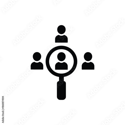 Magnifying glass focusing on a person icon among others, illustrating search, HR, and recruitment concepts.