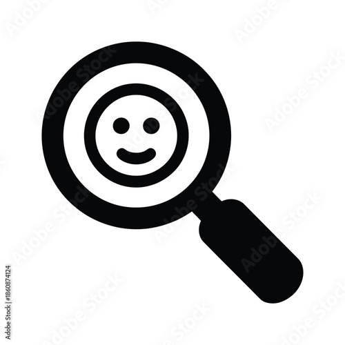 Magnifying glass over a smiley face, symbolizing happiness analysis, customer satisfaction, and positive feedback.t