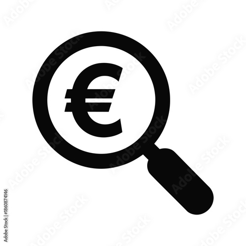 Magnifying glass over the Euro symbol, illustrating financial analysis, currency research, and economic investigation.