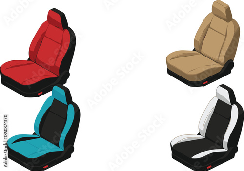 Isometric Car Seat Vector Illustration Set Showing Automotive Seating in Multiple Colors for Interior Design and Vehicle Concepts