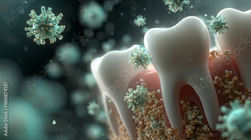 Animated 3D concept of bacteria and plaque attacking tooth surface, medical education visual, dramatic health warning