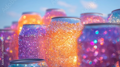 ultra processed food concept. Colorful cans sparkling under the light create a vibrant visual effect against a soft sky background.