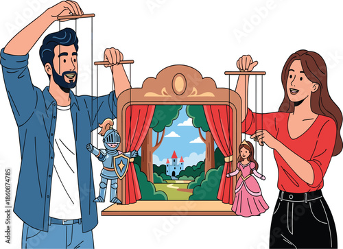 Couple performing puppet show, man and woman with marionettes, storytelling, theater performance, children entertainment, fantasy stage, creative art activity