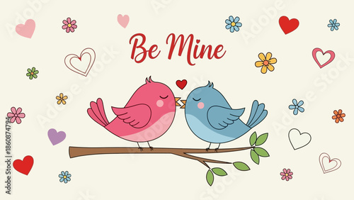 Adorable cartoon birds sharing a romantic moment on branch