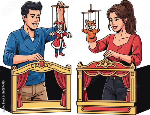Couple performing puppet theater, man and woman with marionettes, children entertainment, storytelling show, creative stage performance, fun dramatic play, fantasy art