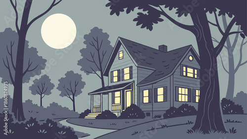 Cozy house in a moonlit forest