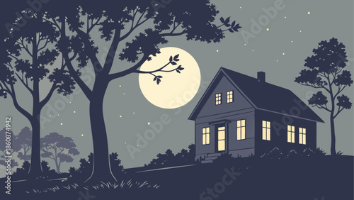 Cozy cottage under moonlight