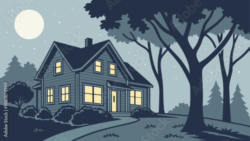 Cozy cottage in winter night