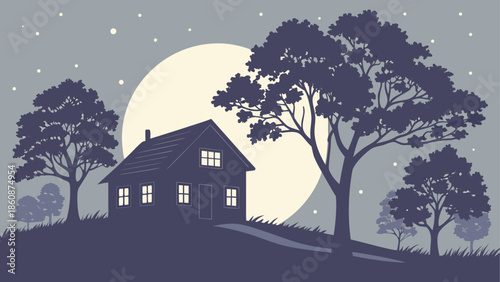 Cozy cottage under moonlit night