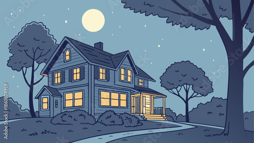 Cozy house in a moonlit forest