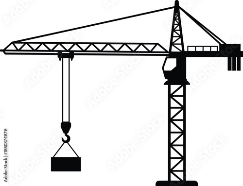Black Tower Crane Silhouette Icon Carrying Heavy Load For Building Construction Site Infrastructure Industrial Machinery And Civil Engineering Project Vector