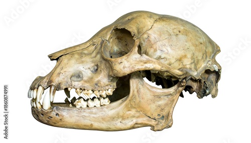 A lateral view showcases a detailed skull with visible teeth. Bony structure, cavities, and ridges highlight its complex anatomy, a stark white backdrop emphasizes the form