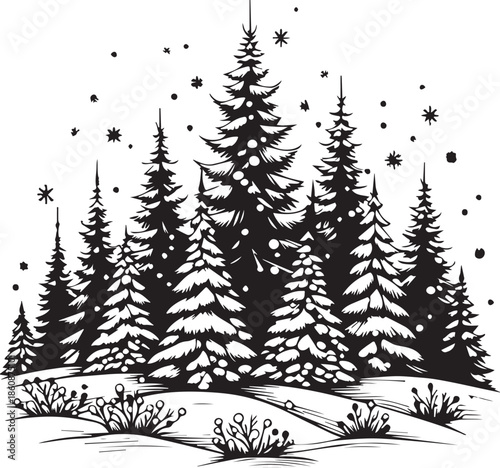 Green fir branches and evergreen pine trees form a winter forest vector illustration for a snowy Christmas celebration and holiday nature landscape pattern