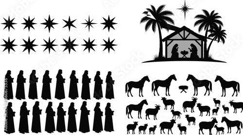 Christmas Nativity Scene Silhouette Set with Bethlehem Stable, Holy Family, Star of Wonder, Three Wise Men, and Farm Animals Collection