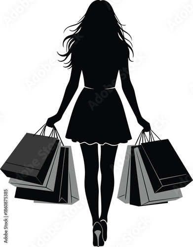 Black silhouette of a woman standing and holding several shopping bags for retail sales consumerism fashion marketing and holiday discounts.