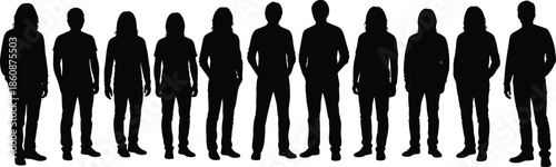 Black silhouette row of diverse men and women standing together in a line for community social networking and group unity.