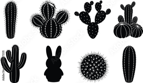 Collection of various cactus silhouettes including prickly pear saguaro and desert succulents isolated on white background for nature and garden design