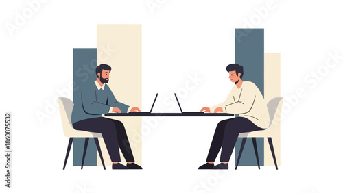 professional business meeting between two colleagues discussing work remotely via laptops