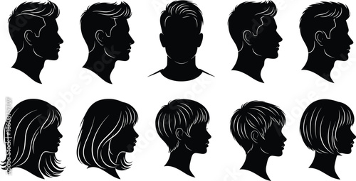 Collection of black male and female head silhouettes featuring various modern hairstyles and profile views for hair salon and beauty branding.