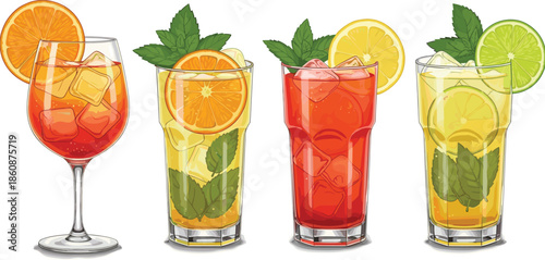 Colorful illustrations of summer cocktails and mocktails with orange lime and mint for cold refreshing drinks menu and bar promotion