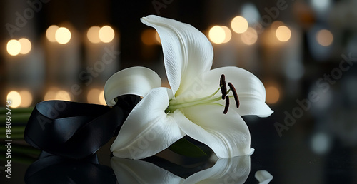 White Lily Black Ribbon Candles Sympathy Condolences Grief