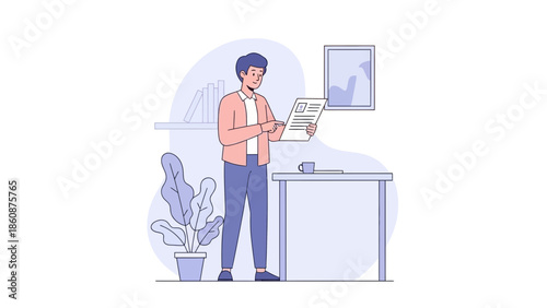 professional man reading newspaper in modern office or home setting during daytime with minimal
