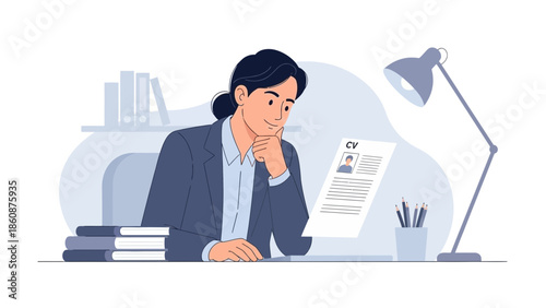 Professional Woman Reviewing Resume and Preparing Job Application at Desk