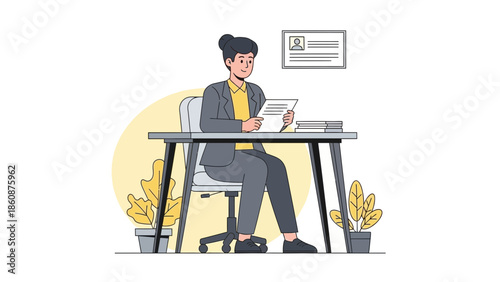 Professional woman sitting at desk working on documents in an office environment with plants and