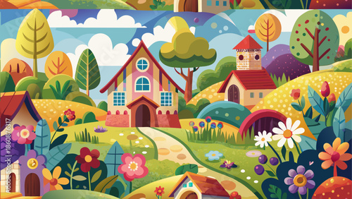 Vibrant village in a lush landscape