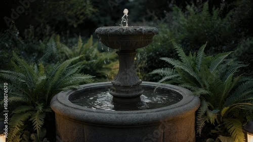 Serene Fountain in a Garden at Night.