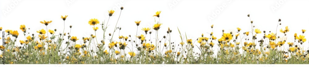 Fototapeta premium Frolicking through a field of yellow wildflowers, set against a white background, with a banner providing ample copy space.