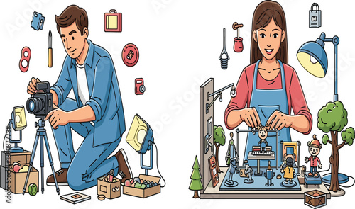 Creative artists making stop motion animation, filmmaking process, handmade props, miniature set design, professional studio lighting, teamwork project, storytelling art, video production